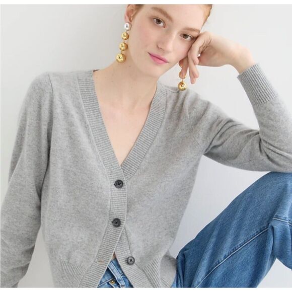 J.Crew 100% Cashmere Grey Cropped V-Neck Cardigan, Quiet Luxury, Old Money, Sz M - Picture 1 of 11